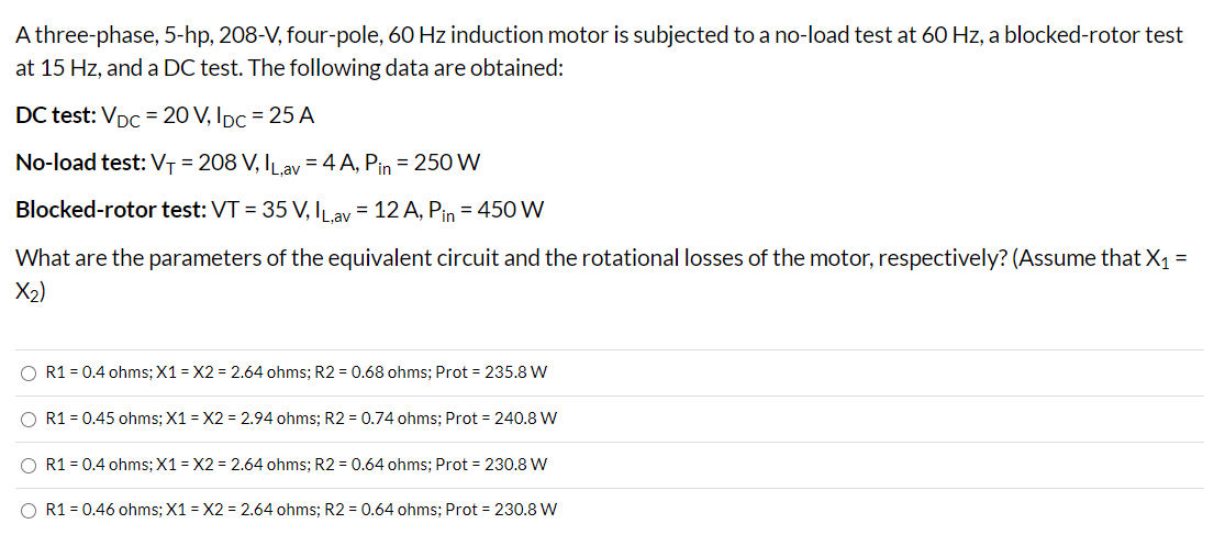 Solved A three-phase, 5-hp, 208-V, four-pole, 60 Hz | Chegg.com