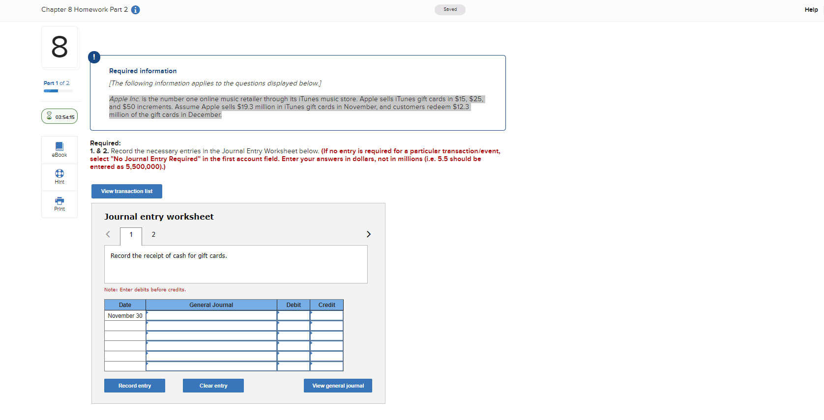 Solved Chapter 8 Homework Part 2 i Saved Help 00 Part 1 of 2 | Chegg.com