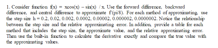 Solved 1. Consider function f(x)=xcos(x)−sin(x)/x. Use the | Chegg.com