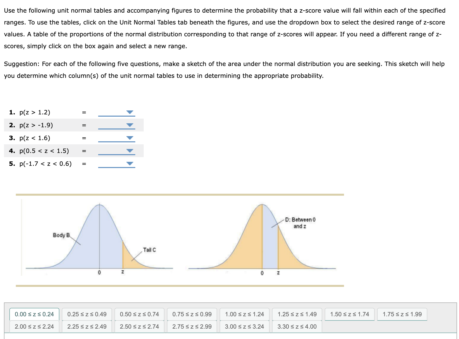 Use the following unit normal tables and accompanying figures to determine the probability that a z-score value will fall wit
