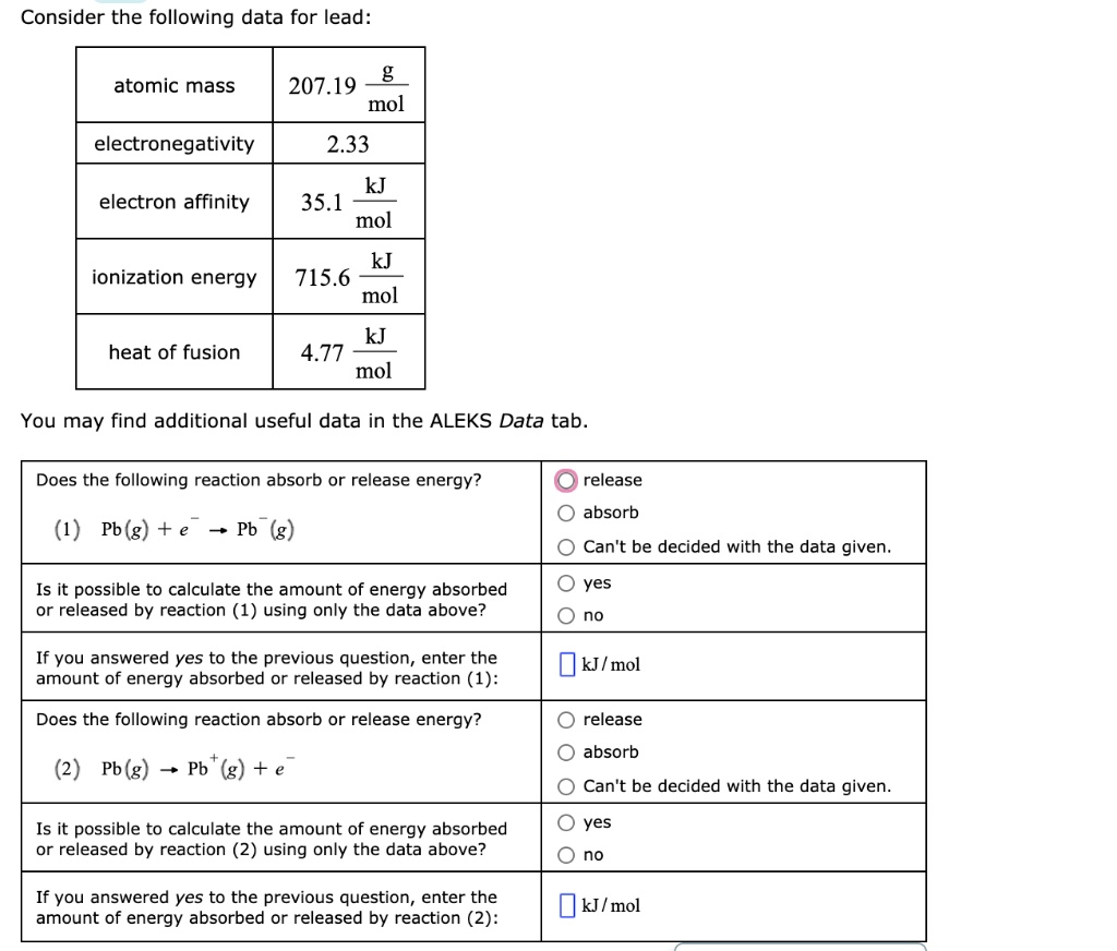 Solved Consider the following data for lead atomic mass g
