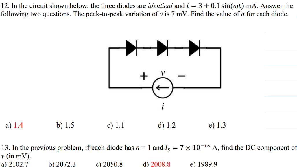 Solved 12. In the circuit shown below, the three diodes are | Chegg.com