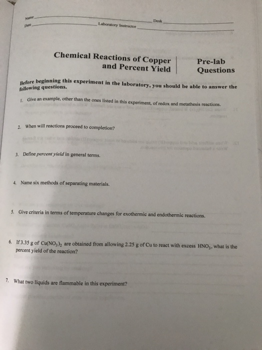 Desk Chemical Reactions of Copper Prelah Questions