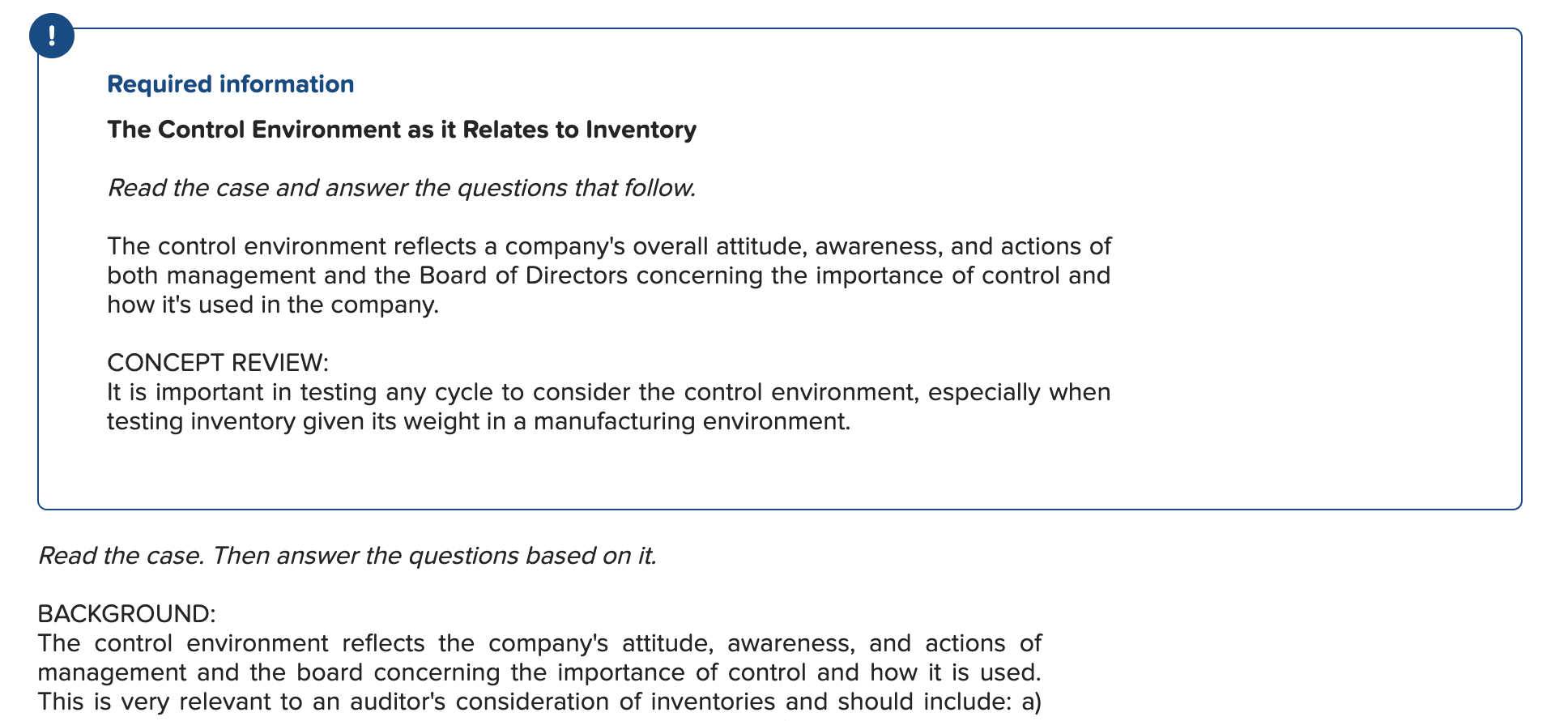 Solved Required information The Control Environment as it