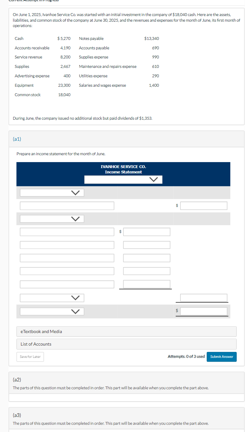Solved On June 1, 2025, Ivanhoe Service Co. was started with