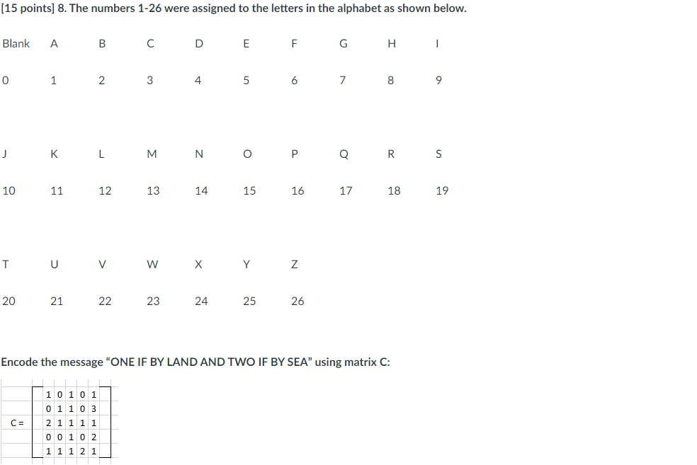 Solved [15 points] 8 . The numbers 1−26 were assigned to the | Chegg.com