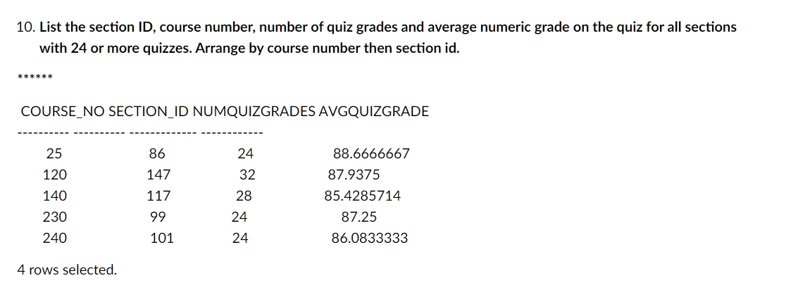 Solved 10. List the section ID, course number, number of | Chegg.com