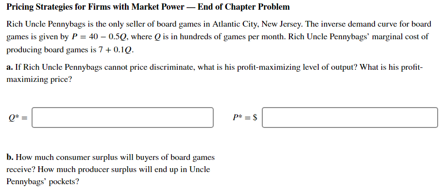 Pricing Strategies For Firms With Market Power End Chegg Com