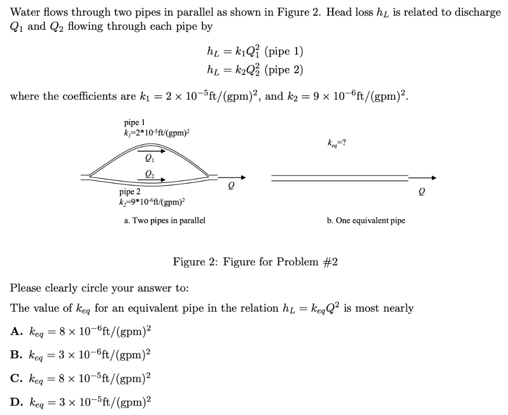 Solved Water flows through two pipes in parallel as shown in | Chegg.com