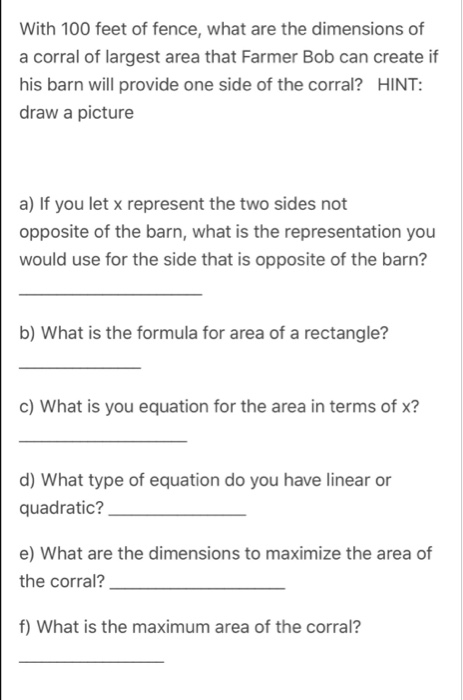 solved-with-100-feet-of-fence-what-are-the-dimensions-of-a-chegg