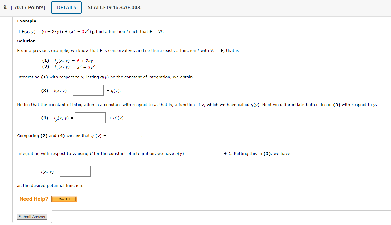 Solved Exampie If F(x,y)=(6+2xy)i+(x2−3y2)j, find a function | Chegg.com