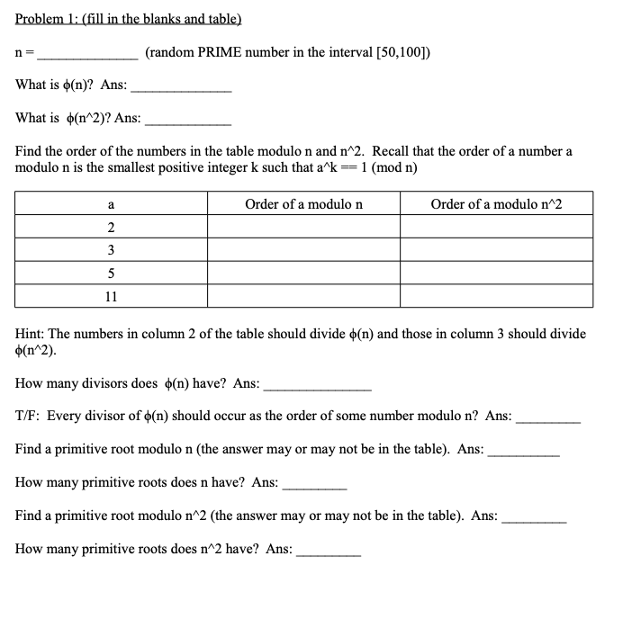 Solved Find the order of the numbers in the table modulo n | Chegg.com