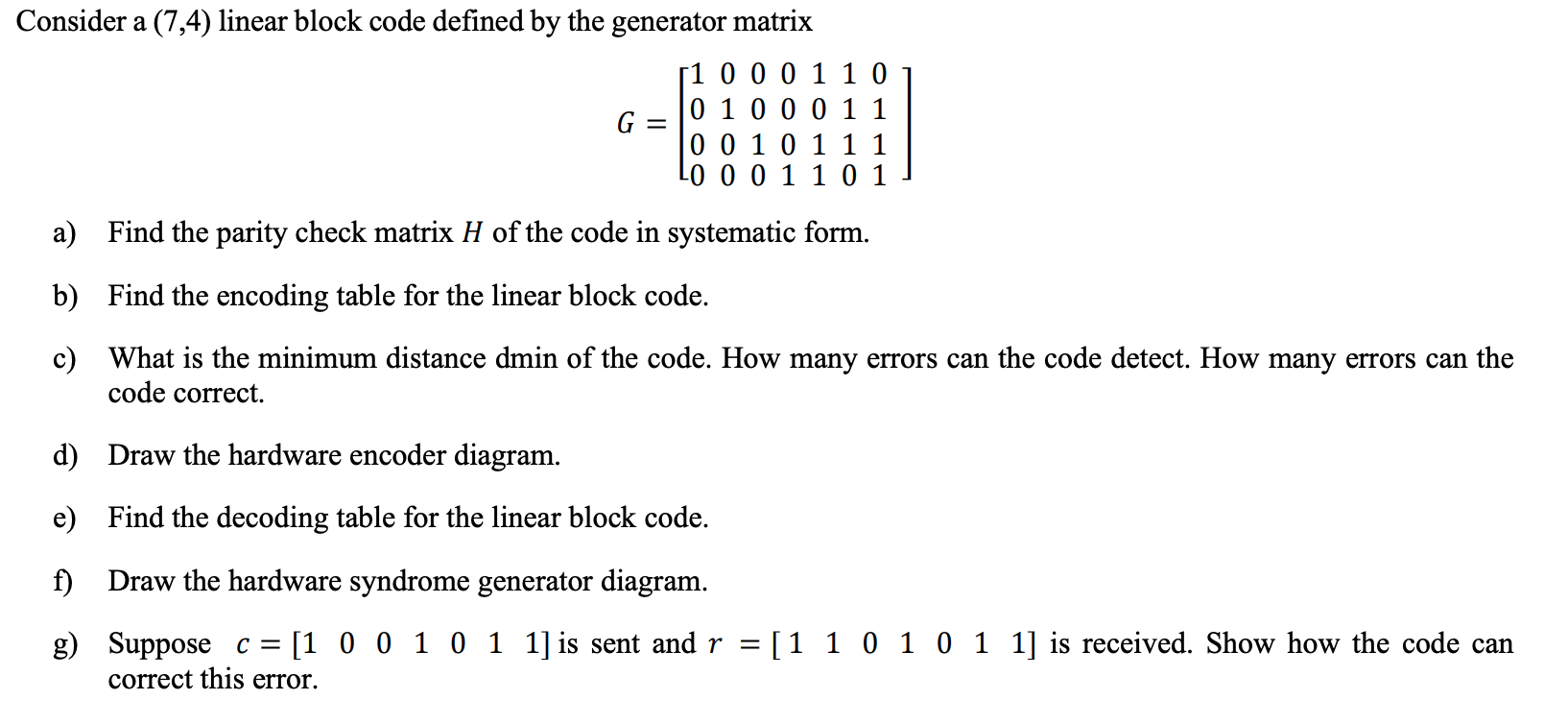 Solved Consider a (7,4) linear block code defined by the | Chegg.com