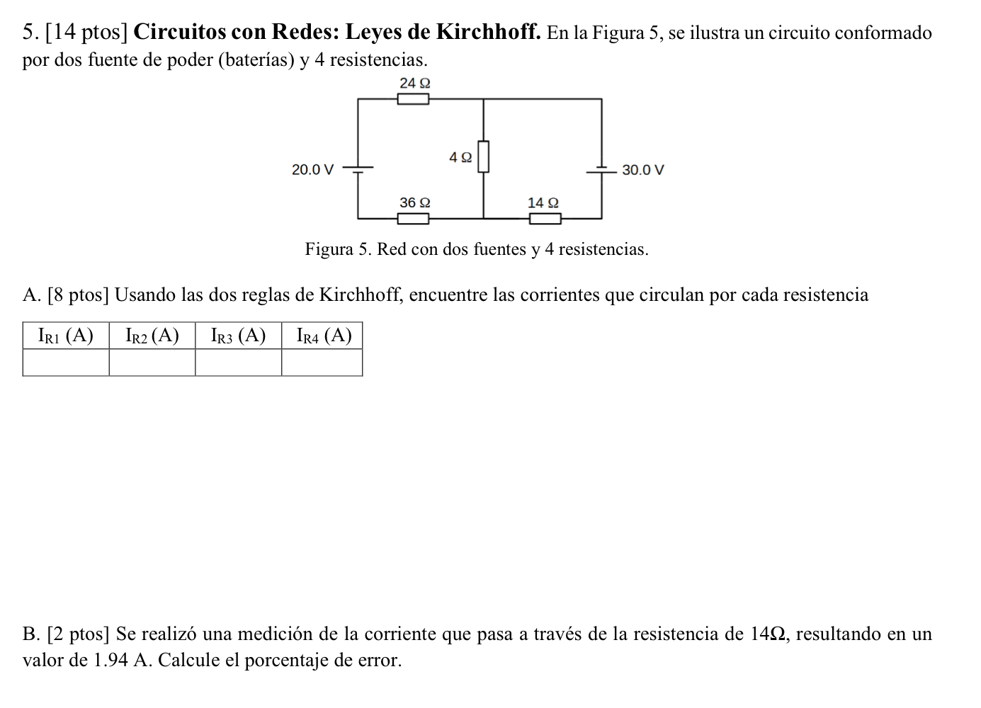 5. [14 ptos] Circuitos con Redes: Leyes de Kirchhoff. En la Figura 5, se ilustra un circuito conformado por dos fuente de pod