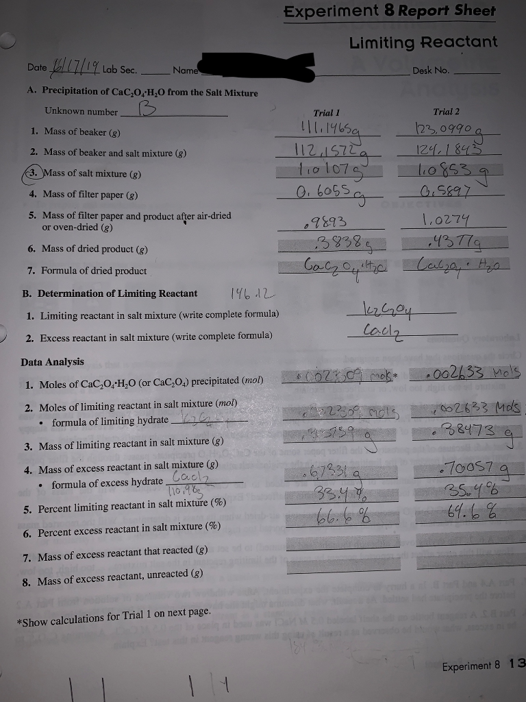 Solved Experiment 8 Report Sheet Limiting Reactant LALLTL | Chegg.com