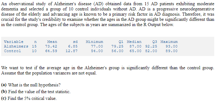Solved An observational study of Alzheimer's disease (AD) | Chegg.com