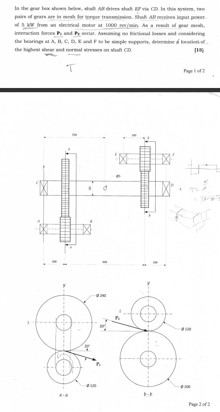 In the gear box shown below, shaft \( A B \) drives shaft \( E F \) via \( C D \). In this system, two pairs of gears are in 