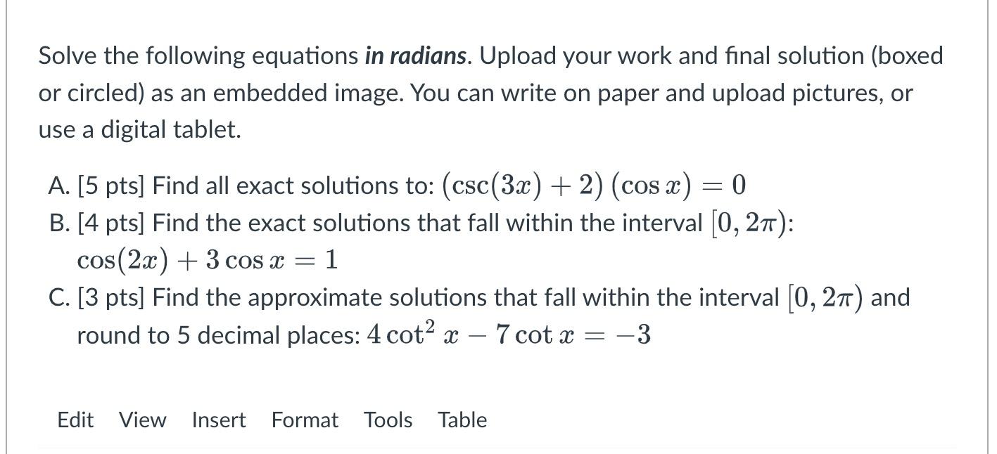 Solved Solve the following equations in radians. Upload your | Chegg.com
