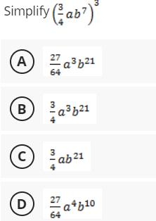 Solved Simplify (43ab7)3 (A) 6427a3b21 43a3b21 43ab21 (D) | Chegg.com