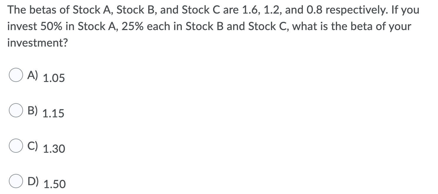 Solved The betas of Stock A, Stock B, and Stock C are 1.6,