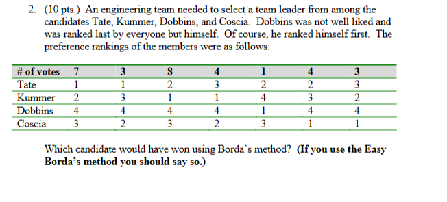 Solved 2. (10 pts.) An engineering team needed to select a | Chegg.com