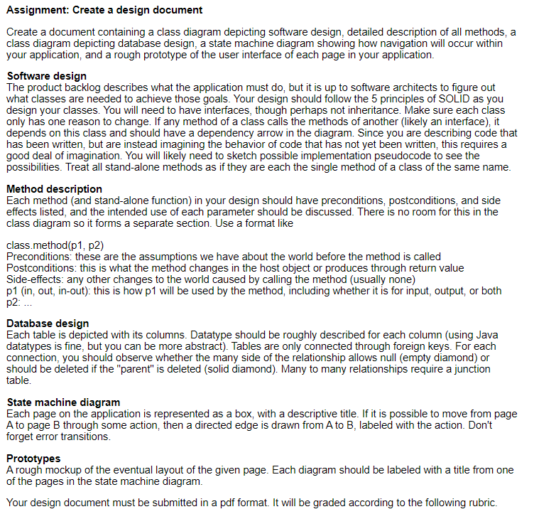 Assignment: Create a design document Create a | Chegg.com