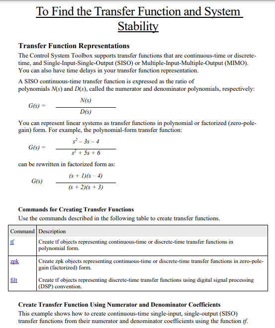 Solved To Find the Transfer Function and System Stability | Chegg.com