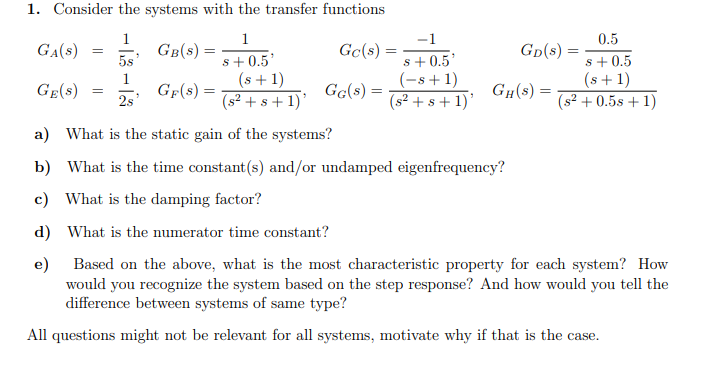 Solved 1. Consider the systems with the transfer functions | Chegg.com