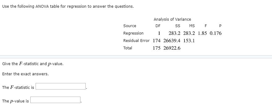 Solved Use the following ANOVA table for regression to | Chegg.com
