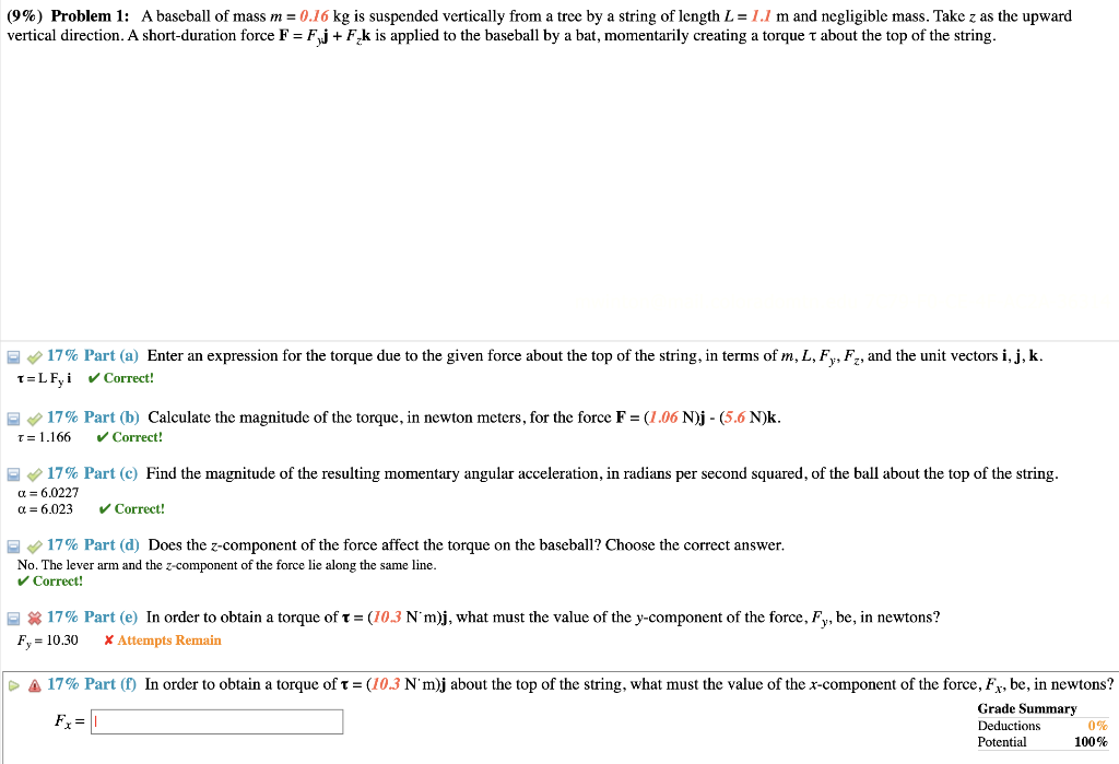 Solved (9\) Problem 1 A baseball of mass m=0.16 kg is