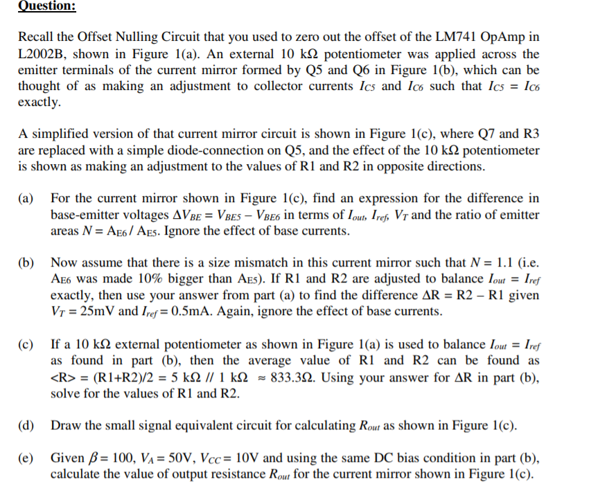 +Vcc ref Q7 Offset Nulling Circuit 06 Q5 LM741 | Chegg.com
