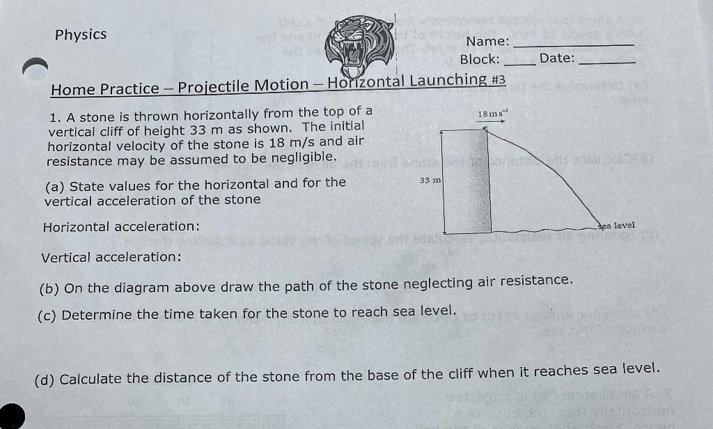 Solved 18 ms 1. A stone is thrown horizontally from the top | Chegg.com