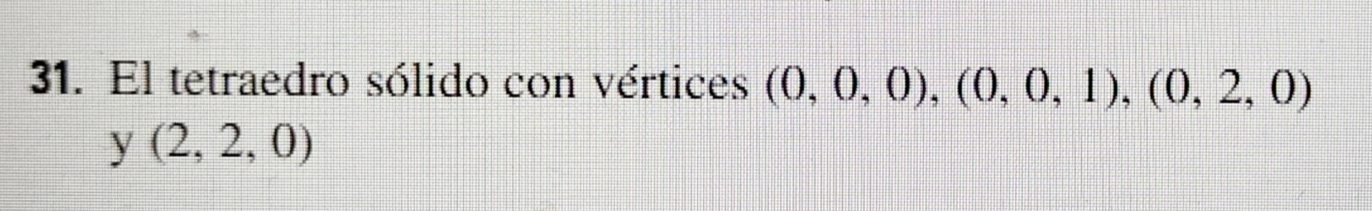 31. El tetraedro sólido con vértices \( (0,0,0),(0,0,1),(0,2,0) \) \( y(2,2,0) \)
