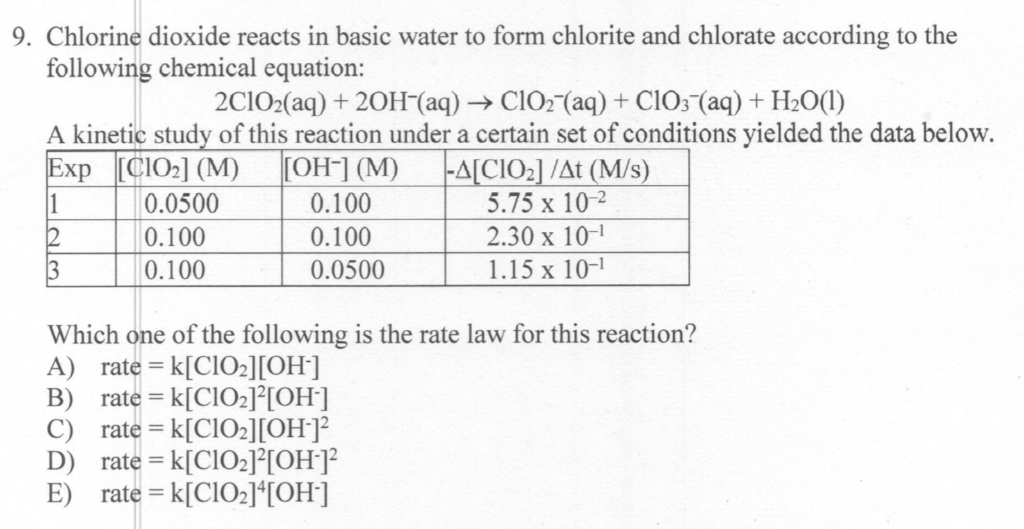 Solved 9. Chlorine dioxide reacts in basic water to form