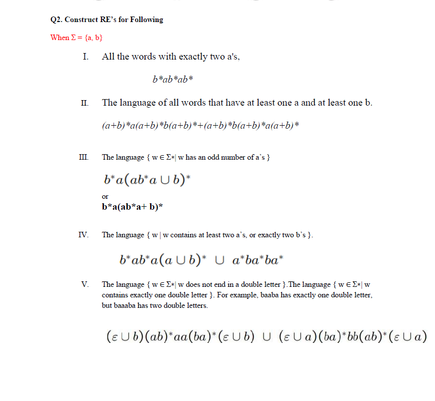 Solved Q2. Construct RE's For Following When 2 = {a, B} I. | Chegg.com