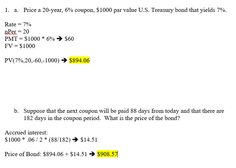 1. a. Price a 20 year 6 coupon 1000 par value Chegg