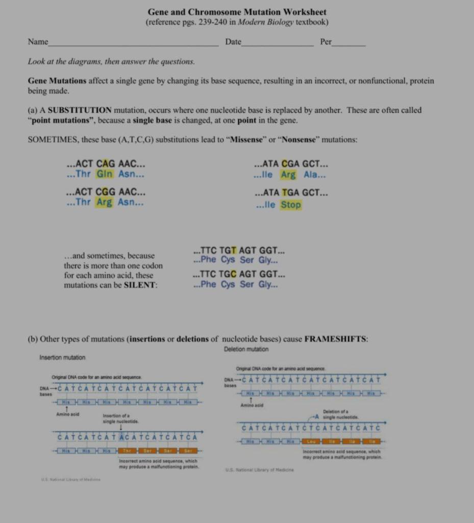 Solved Gene and Chromosome Mutation Worksheet (reference | Chegg.com