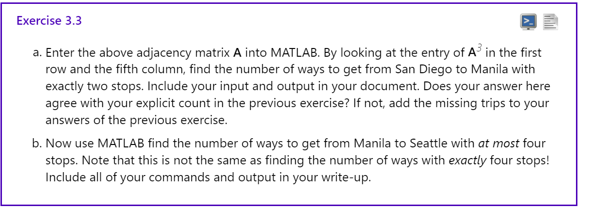 Solved Exercise 3.3a. ﻿Enter the above adjacency matrix A | Chegg.com