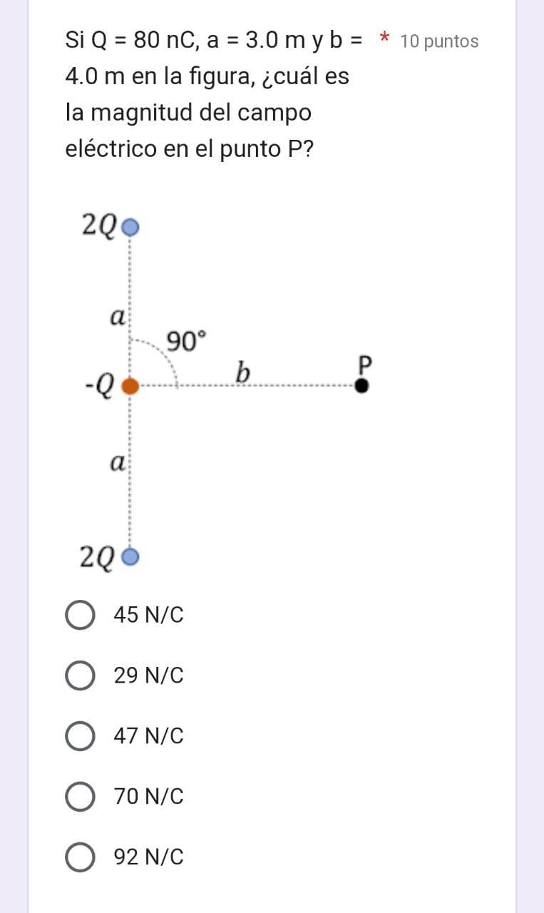 Si \( \mathrm{Q}=80 \mathrm{nC}, \mathrm{a}=3.0 \mathrm{~m} \mathrm{y} \mathrm{b}=* 10 \) puntos \( 4.0 \mathrm{~m} \) en la