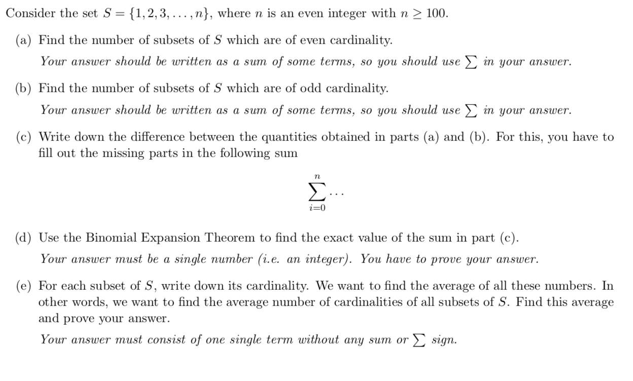 Solved Consider the set S = {1, 2, 3,...,n}, where n is an | Chegg.com