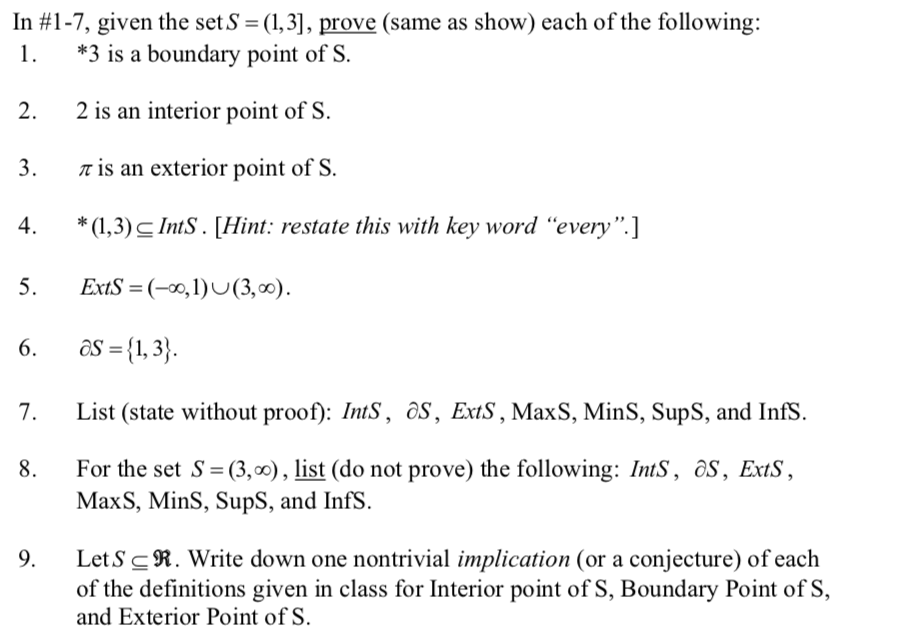 Solved in #1-7, given the sets-(1,3], prove (same as show) | Chegg.com