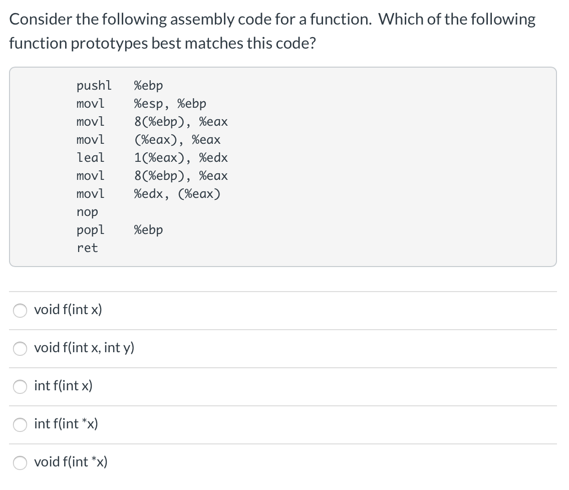 Solved Consider the following assembly code for a function. | Chegg.com