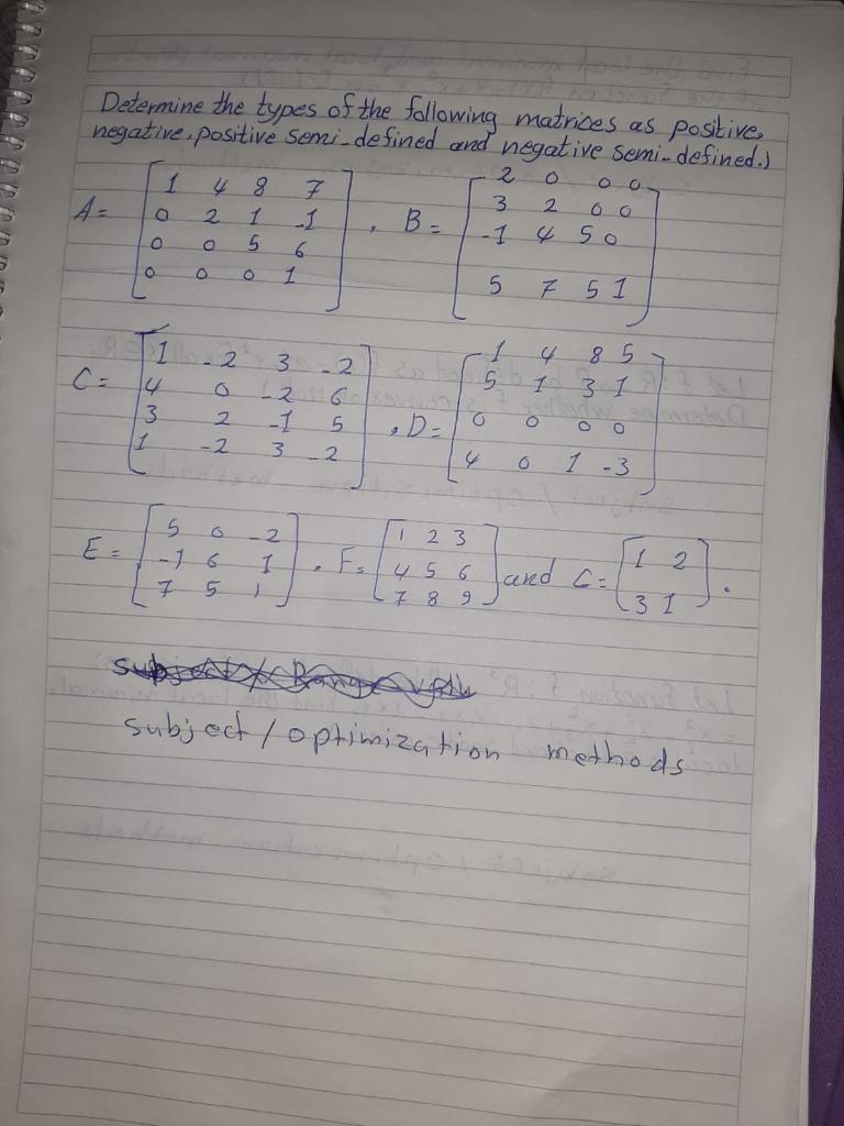 Solved Determine the types of the following matrices as | Chegg.com