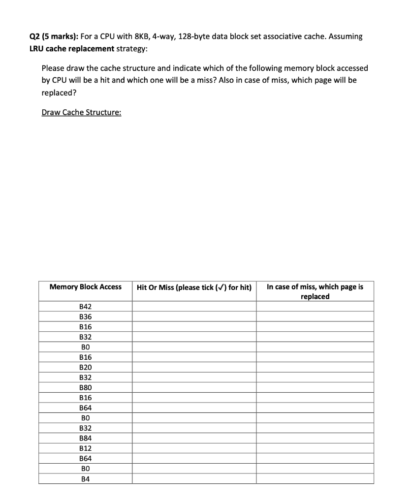 Solved Q2 5 Marks For A Cpu With 8kb 4 Way 128 Byte Chegg Com