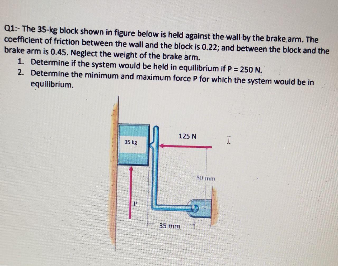 Solved Q1:- The 35-kg block shown in figure below is held | Chegg.com