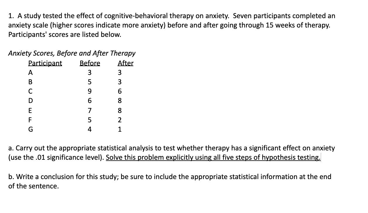 Solved 1. A Study Tested The Effect Of Cognitive-behavioral | Chegg.com