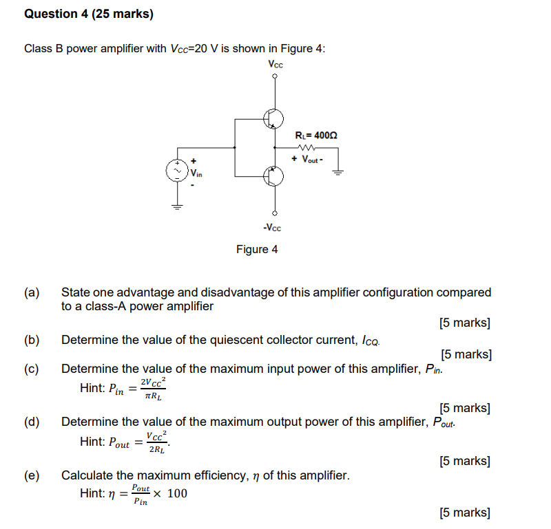Solved Class B Power Amplifier With VCc=20 V Is Shown In | Chegg.com