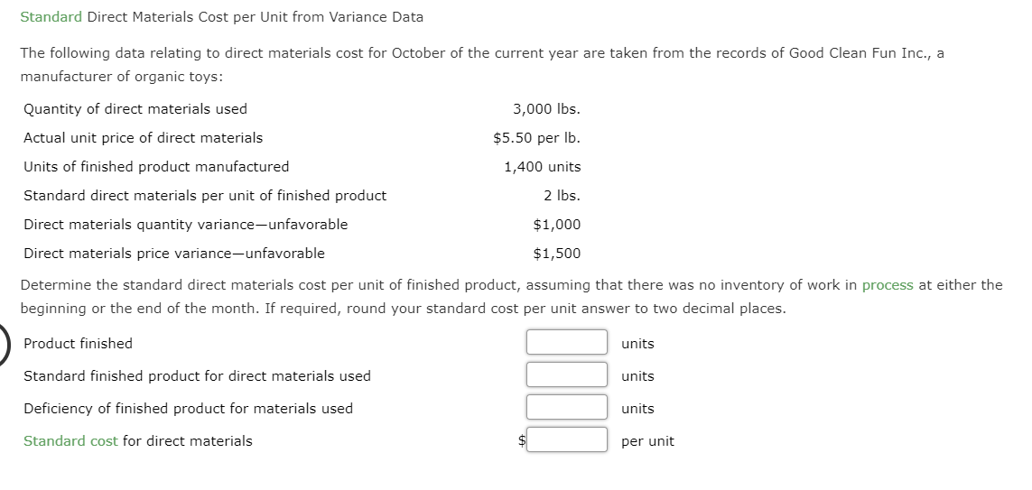 Solved Standard Direct Materials Cost per Unit from Variance