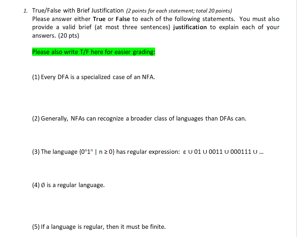 Solved 1. True/False With Brief Justification (2 Points For | Chegg.com