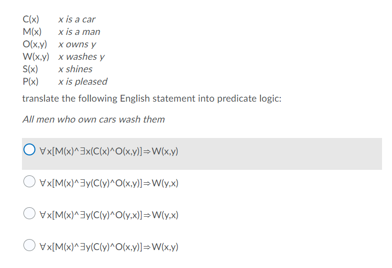 Solved C X X Is A Car M X X Is A Man O X Y X Owns Y Chegg Com